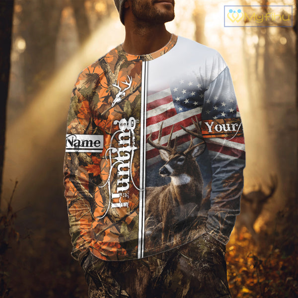 Custom Camouflage Deer Hunting With US Flag For Men, Hoodie Hunting Shirt NHT323