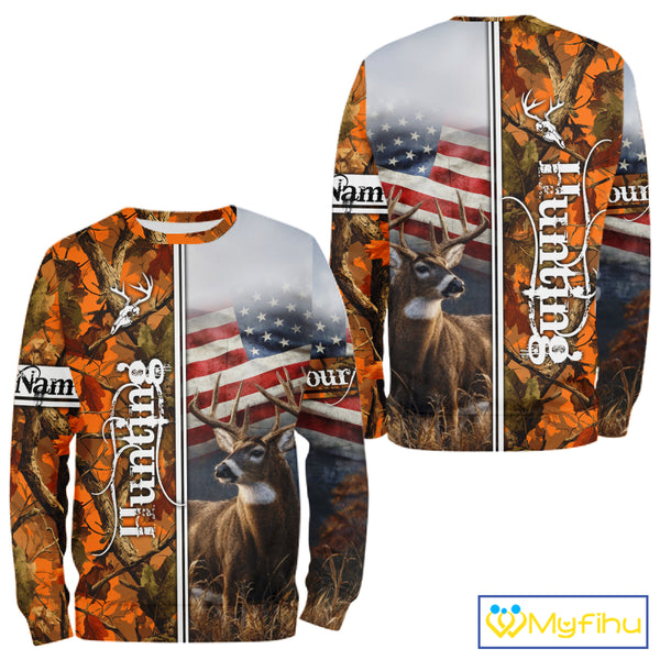Custom Camouflage Deer Hunting With US Flag For Men, Hoodie Hunting Shirt NHT323