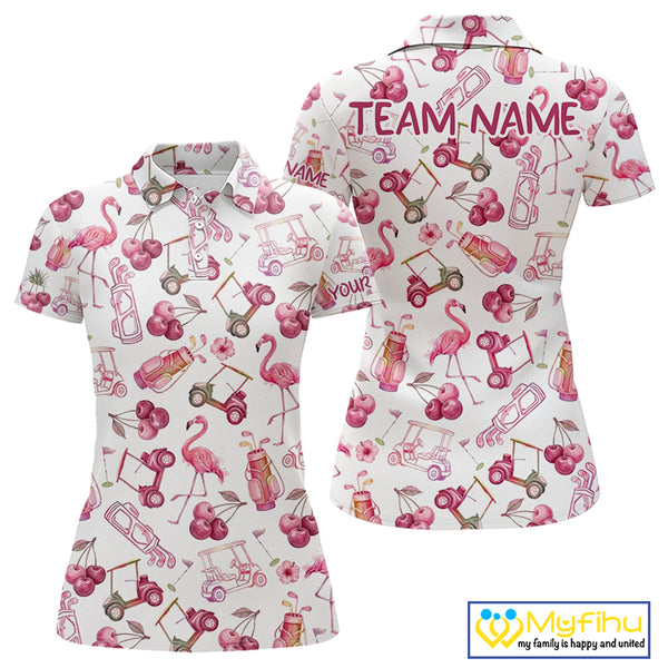 Funny Golf Polo Shirt For Womens Cherry Flamingo Golf Cart Pattern Summer Sport Top NHT841