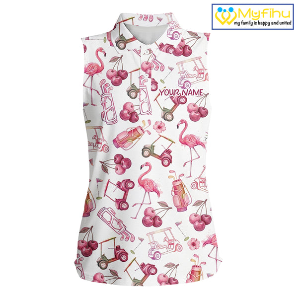 Funny Golf Polo Shirt For Womens Cherry Flamingo Sleeveless Womens Golf Cart Pattern Summer Sport Top NHT841