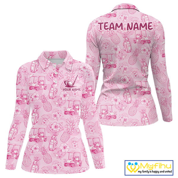 Funny Womens Golf Polo Shirt Pineapple Floral Golf Cart Pattern All Over Print Tropical Performance Top NHT842