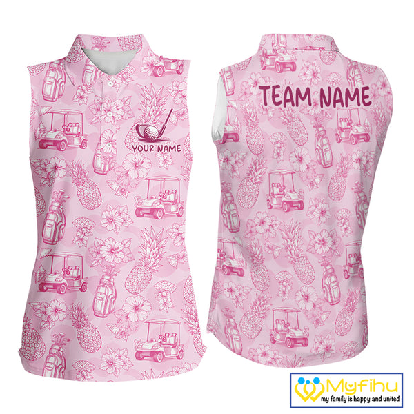 Funny Sleeveless Womens Golf Polo Shirt Pineapple Floral Golf Cart Pattern All Over Print Tropical Performance Top NHT842