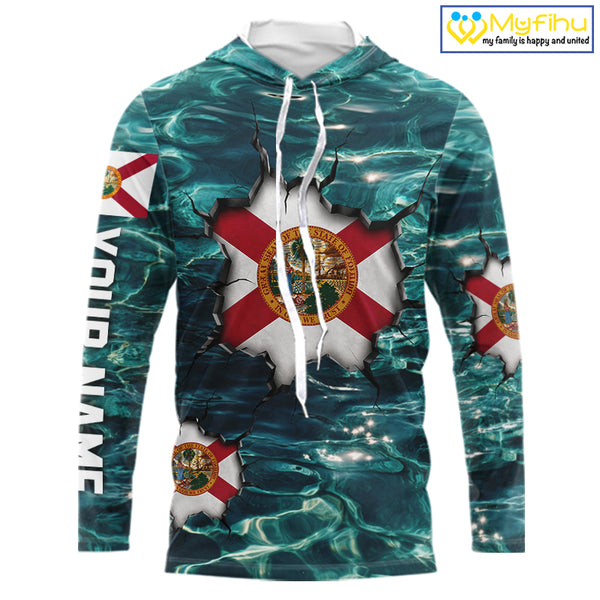 Florida Flag Fish Water Camo Custom Long Sleeve Hooded Fishing Shirts, Performance Fishing Shirts For Men NHT847