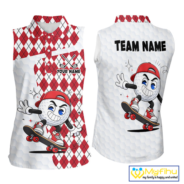 Sleeveless Women Golf Polo Shirt Argyle Pattern Golf Shirts For Womens Funny Golf Ball Shirt Gifts|Red  NHT861