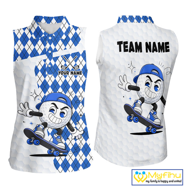 Sleeveless Women Golf Polo Shirt Argyle Pattern Golf Shirts For Womens Funny Golf Ball Shirt Gifts|Blue NHT862
