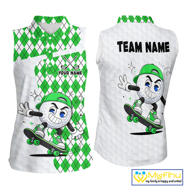 Sleeveless Women Golf Polo Shirt Argyle Pattern Golf Shirts For Womens Funny Golf Ball Shirt Gifts|Green NHT863