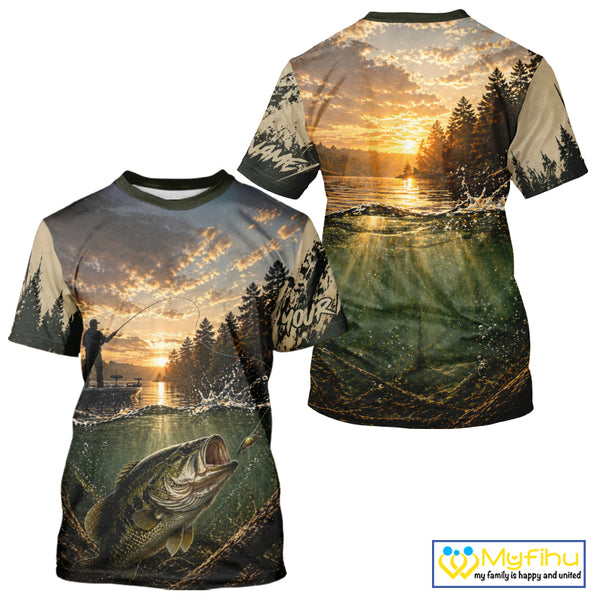 Personalized Bass Short Sleeve Fishing T-Shirts – Angler Sunset Lake Design, Outdoor Fishing Apparel Gift For Dad NHT866