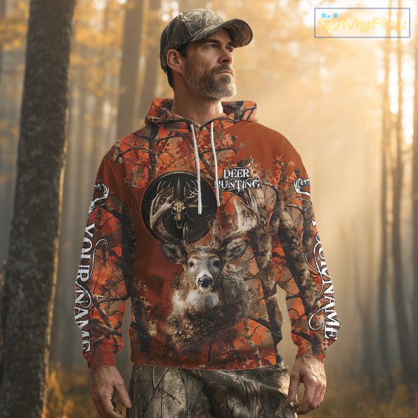 Deer Hunting Shirt Compass Design Orange Camo Custom Name Head Deer Hunting Clothes NHT282