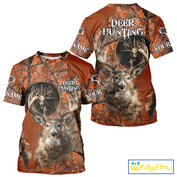 Deer Hunting Shirt Compass Design Orange Camo Custom Name Head Deer Hunting Clothes NHT282