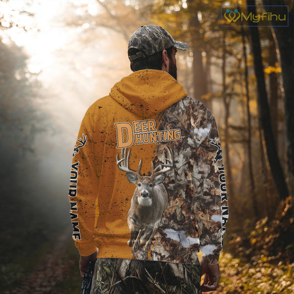 Hunting Shirt with Running Deer Design – Blaze Orange Camo Custom Name 3D Print NHT288