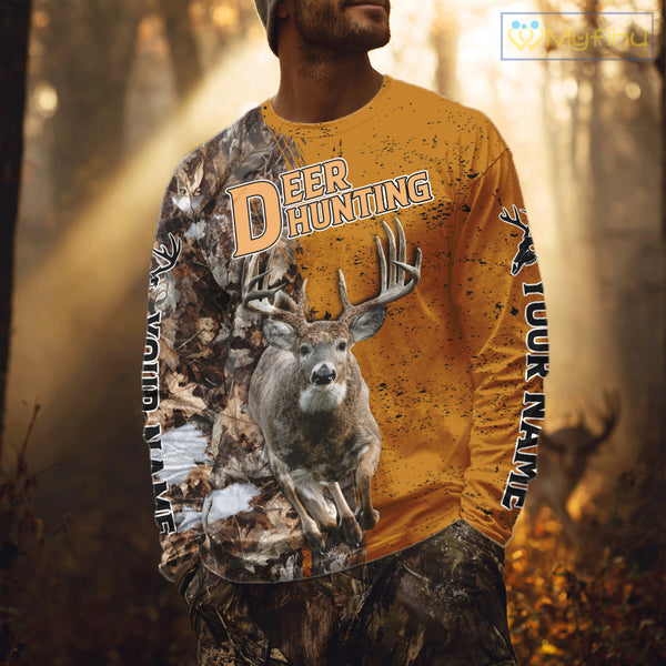 Hunting Shirt with Running Deer Design – Blaze Orange Camo Custom Name 3D Print NHT288