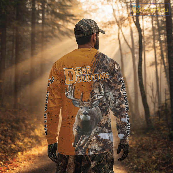 Hunting Shirt with Running Deer Design – Blaze Orange Camo Custom Name 3D Print NHT288