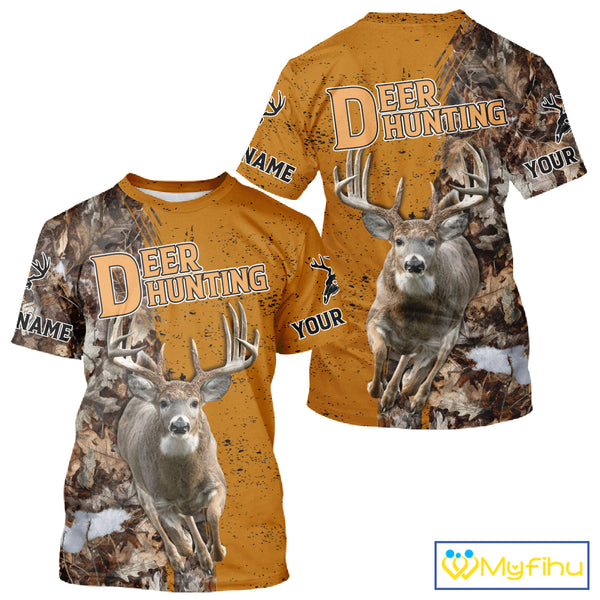 Hunting Shirt with Running Deer Design – Blaze Orange Camo Custom Name 3D Print NHT288