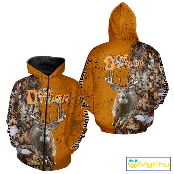 Hunting Shirt with Running Deer Design – Blaze Orange Camo Custom Name 3D Print NHT288