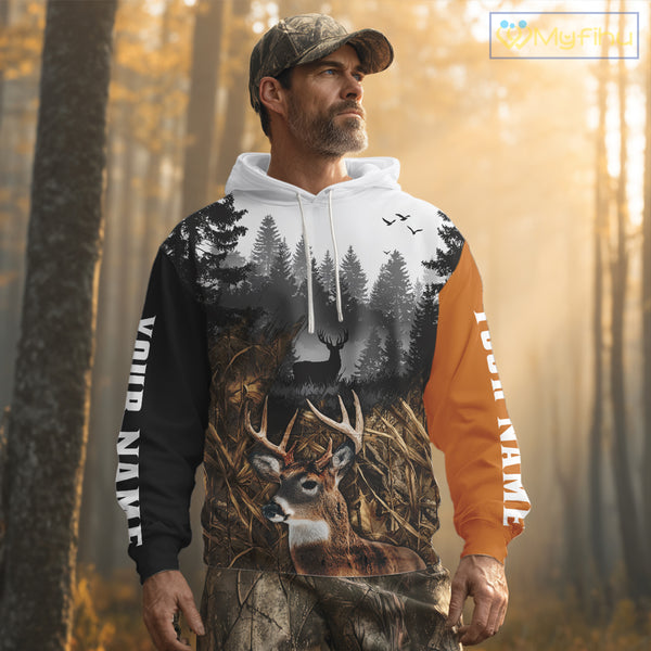 Whitetail Deer Hunting Shirt  – Blaze Orange Camo Black Custom Name 3D Print NHT290