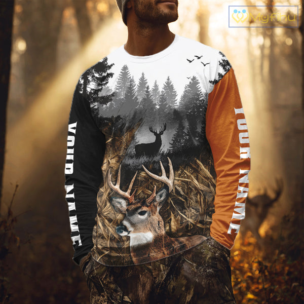 Whitetail Deer Hunting Shirt  – Blaze Orange Camo Black Custom Name 3D Print NHT290