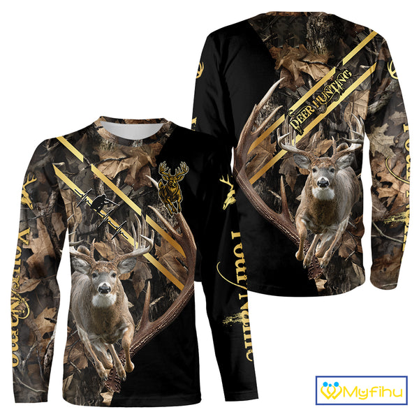 Brown Forest Camo Deer Hunting Shirt – Running Buck Graphic, Personalized Name For Hunter NHT342