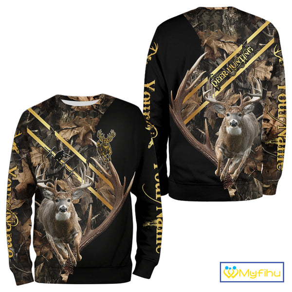 Brown Forest Camo Deer Hunting Shirt – Running Buck Graphic, Personalized Name For Hunter NHT342