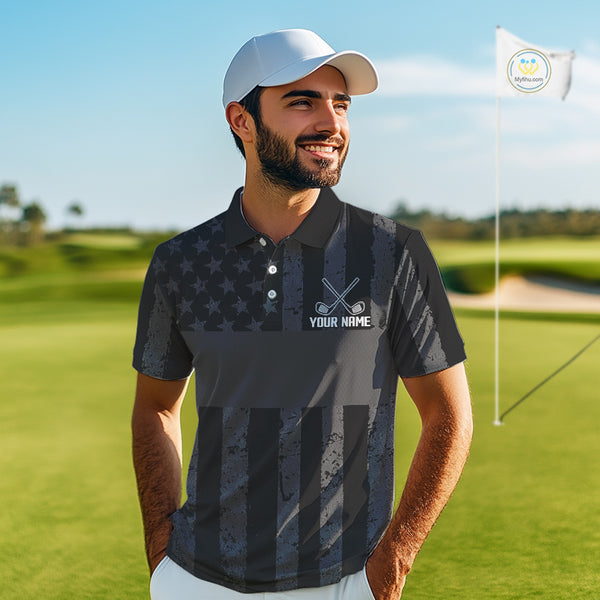 Black White American Flag Mens Golf Polo Shirts Custom Name, Team Name For Men Golf Gift NHT886