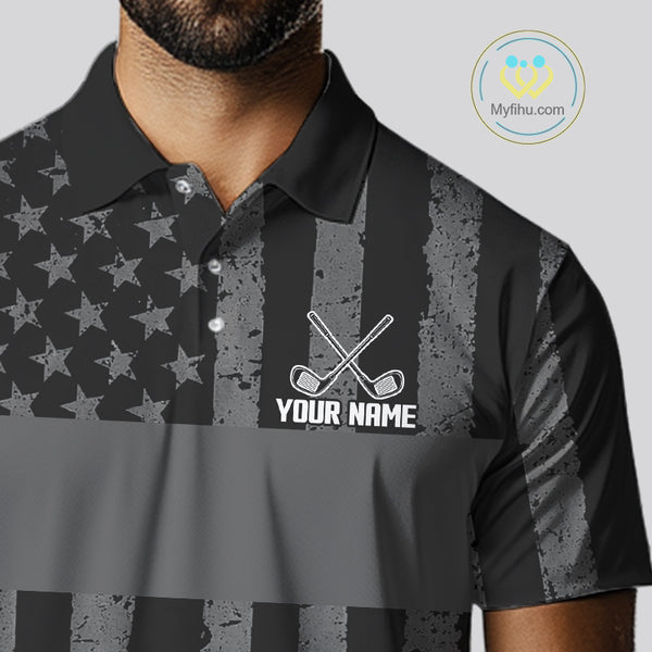 Black White American Flag Mens Golf Polo Shirts Custom Name, Team Name For Men Golf Gift NHT886