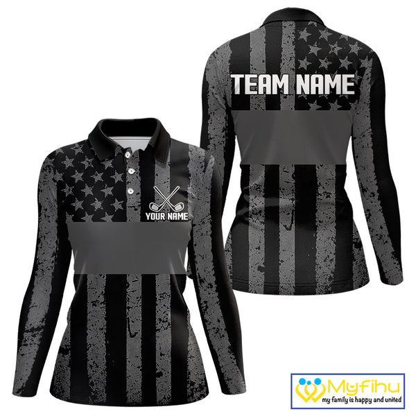 Black White American Flag Womens Golf Polo Shirts Custom Name, Team Name For Women Golf Gift NHT886