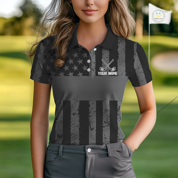 Black White American Flag Womens Golf Polo Shirts Custom Name, Team Name For Women Golf Gift NHT886