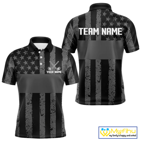 Black White American Flag Mens Golf Polo Shirts Custom Name, Team Name For Men Golf Gift NHT886