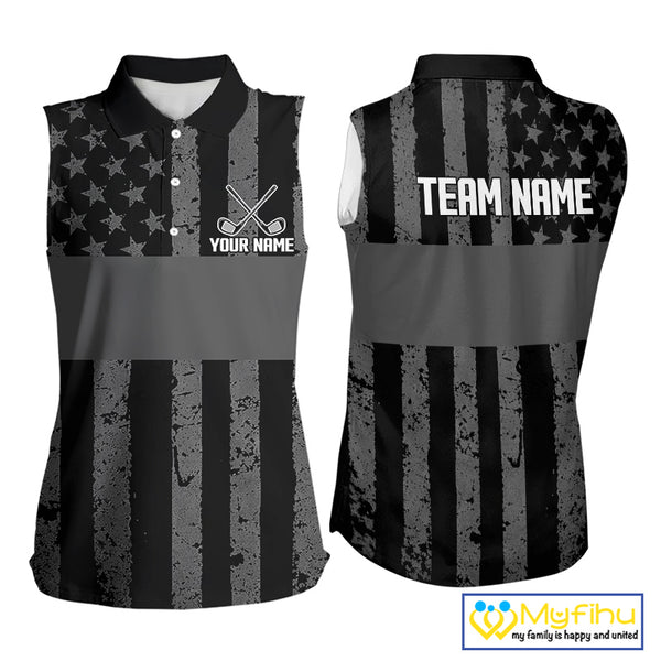 Black White American Flag Sleeveless Womens Golf Polo Shirts Custom Name, Team Name For Women Golf Gift NHT886