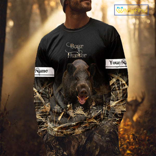 Boar Hunting Black Grown Camo 3D Shirt For Hunting Season Hunting Clothes For Hunters NHT113