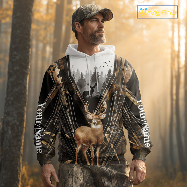 Whitetail Deer Hunting Custom Name Camo Shirt, Deer Hunting Apparel, Hunting Hoodie For Men NHT357