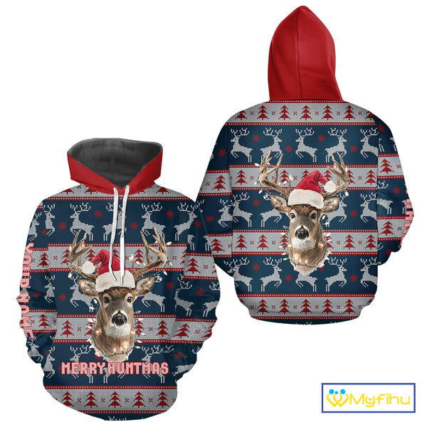 Funny Ugly Sweater Pattern Deer Hunting Customized Name All Over Print Shirts Christmas Shirt NHT305