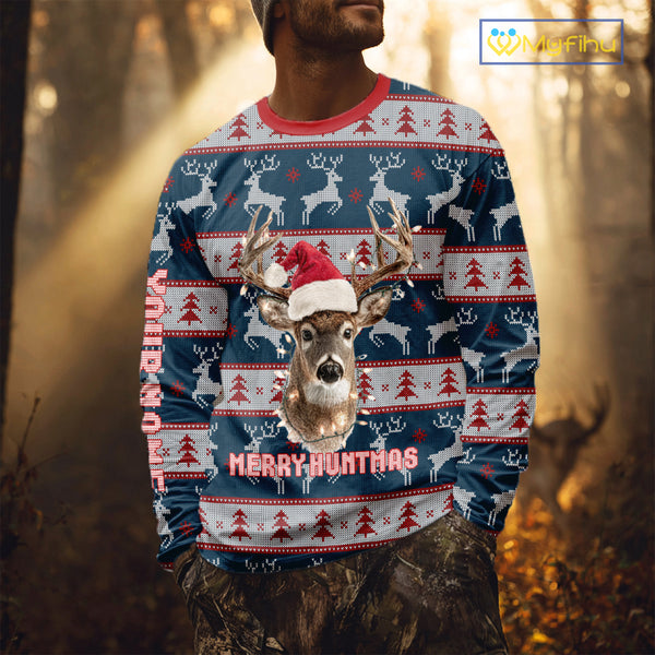 Funny Ugly Sweater Pattern Deer Hunting Customized Name All Over Print Shirts Christmas Shirt NHT305