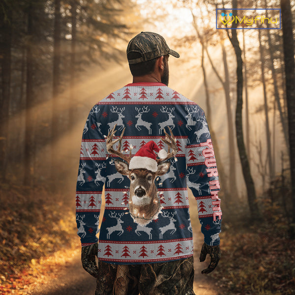 Funny Ugly Sweater Pattern Deer Hunting Customized Name All Over Print Shirts Christmas Shirt NHT305