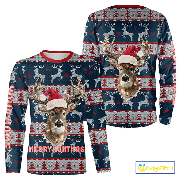 Funny Ugly Sweater Pattern Deer Hunting Customized Name All Over Print Shirts Christmas Shirt NHT305