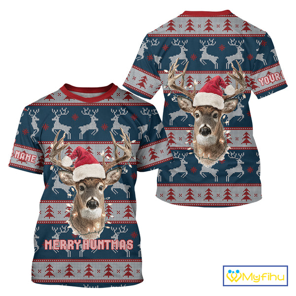 Funny Ugly Sweater Pattern Deer Hunting Customized Name All Over Print Shirts Christmas Shirt NHT305