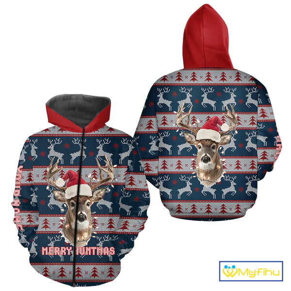 Funny Ugly Sweater Pattern Deer Hunting Customized Name All Over Print Shirts Christmas Shirt NHT305