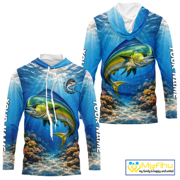 Personalized Offshore Fishing Jerseys, Mahi Mahi Fishing Shirts Long Sleeve Hooded For Men NHT820