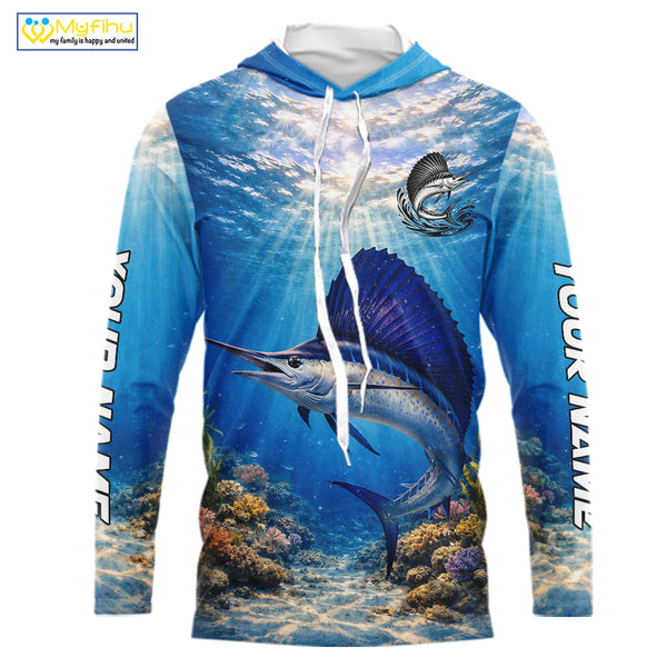 Personalized Offshore Fishing Jerseys, Sailfish Fishing Shirts Long Sleeve Hooded For Men NHT821