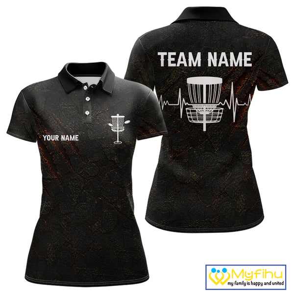 Black Flame Disc Golf Womens Polo Shirts Custom Name Disc Golf Polo Shirts Black Athletic Style NHT834
