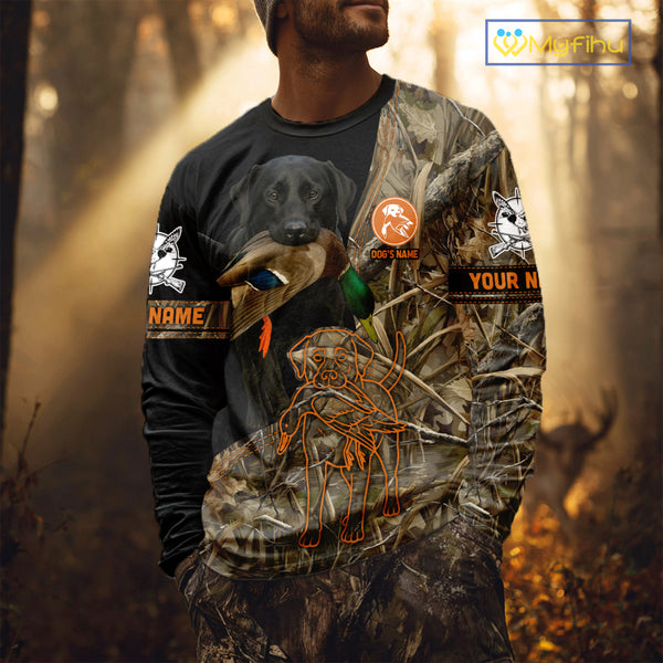 Black Lab Hunting Dog Customized Name All Over Print Shirts For Hunters, Duck Hunting Shirt NHT271
