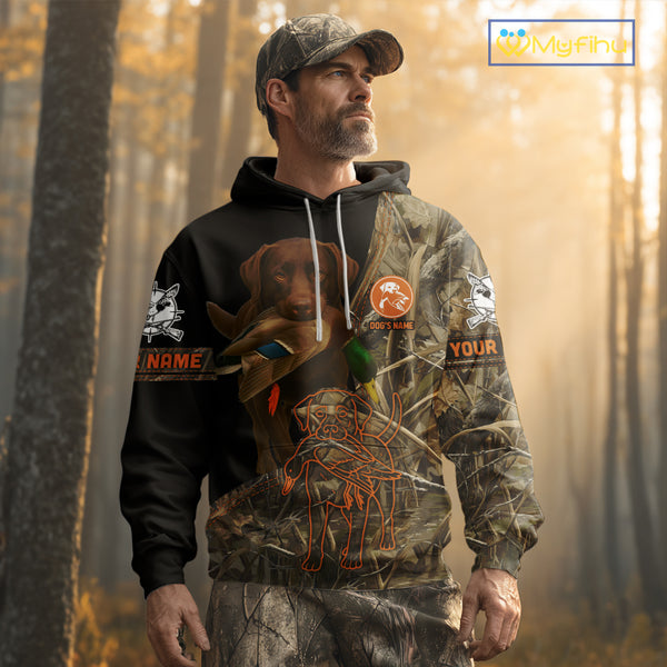 Chocolate Lab Hunting Dog Customized Name All Over Print Shirts For Hunters, Duck Hunting NHT275