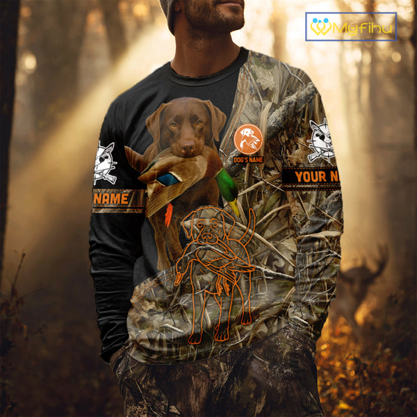Chocolate Lab Hunting Dog Customized Name All Over Print Shirts For Hunters, Duck Hunting NHT275
