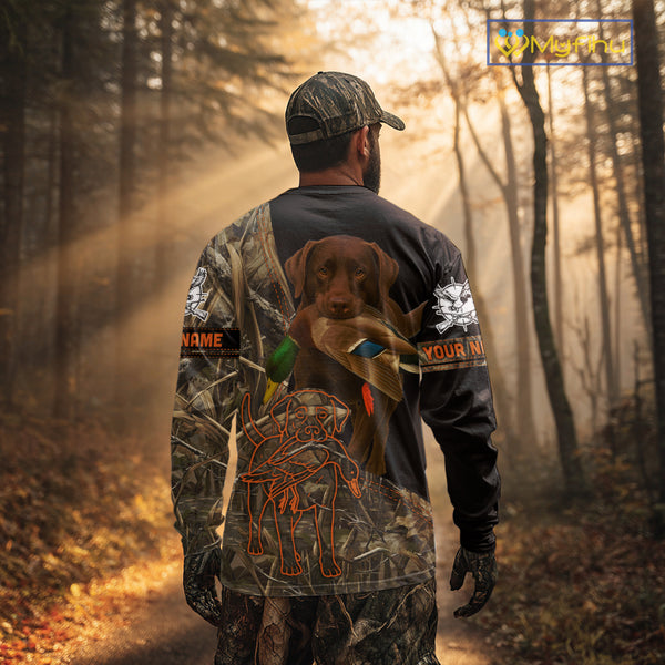 Chocolate Lab Hunting Dog Customized Name All Over Print Shirts For Hunters, Duck Hunting NHT275