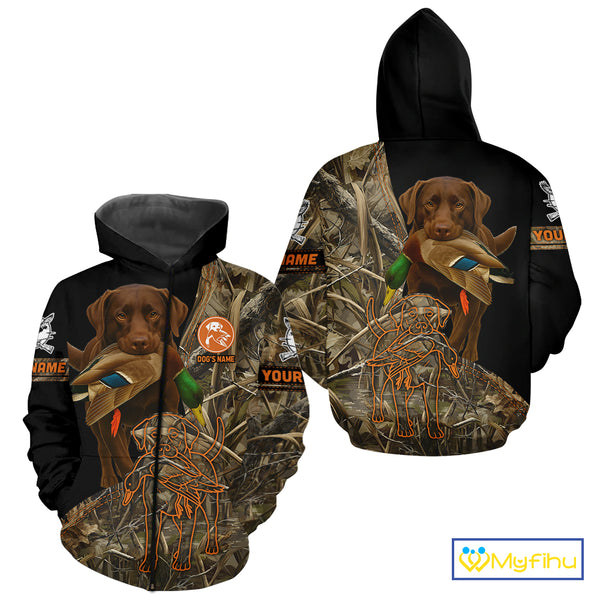 Chocolate Lab Hunting Dog Customized Name All Over Print Shirts For Hunters, Duck Hunting NHT275