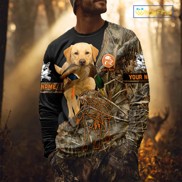 Yellow Lab Hunting Dog Customized Name All Over Print Shirts For Hunters, Duck Hunting Shirt NHT276