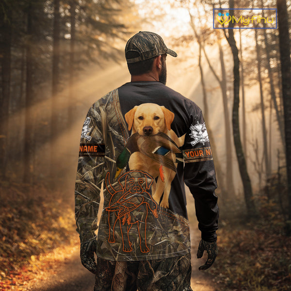 Yellow Lab Hunting Dog Customized Name All Over Print Shirts For Hunters, Duck Hunting Shirt NHT276