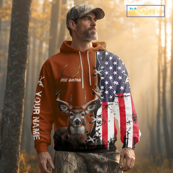 Personalized Orange Deer Hunting 3D Shirt with American Flag Design, Perfect Gift for Hunters NHT280