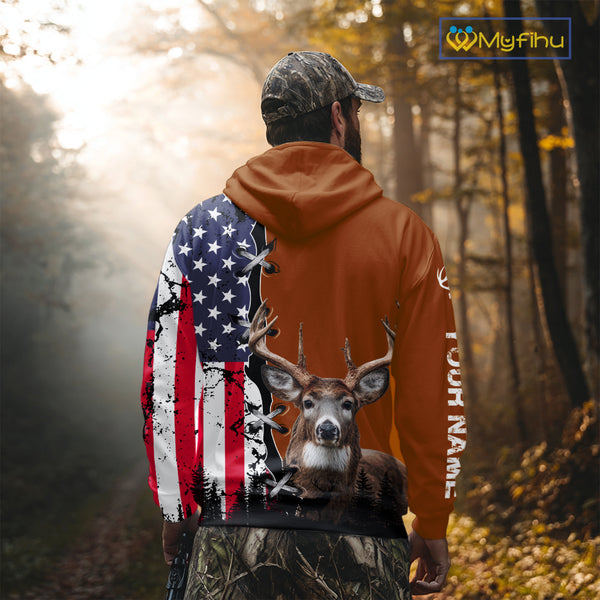 Personalized Orange Deer Hunting 3D Shirt with American Flag Design, Perfect Gift for Hunters NHT280