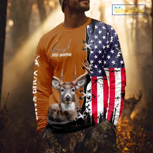 Personalized Orange Deer Hunting 3D Shirt with American Flag Design, Perfect Gift for Hunters NHT280