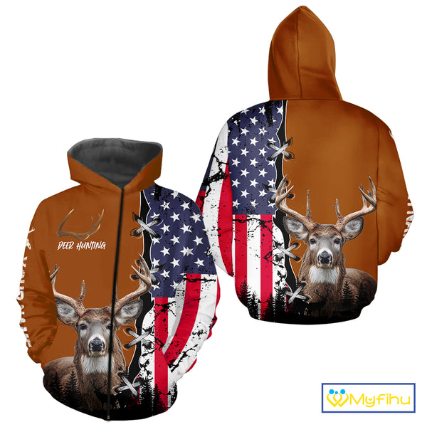 Personalized Orange Deer Hunting 3D Shirt with American Flag Design, Perfect Gift for Hunters NHT280